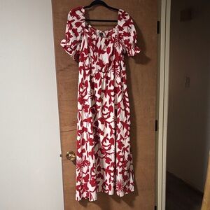 Elegant Red and Cream Floral Maxi Dress